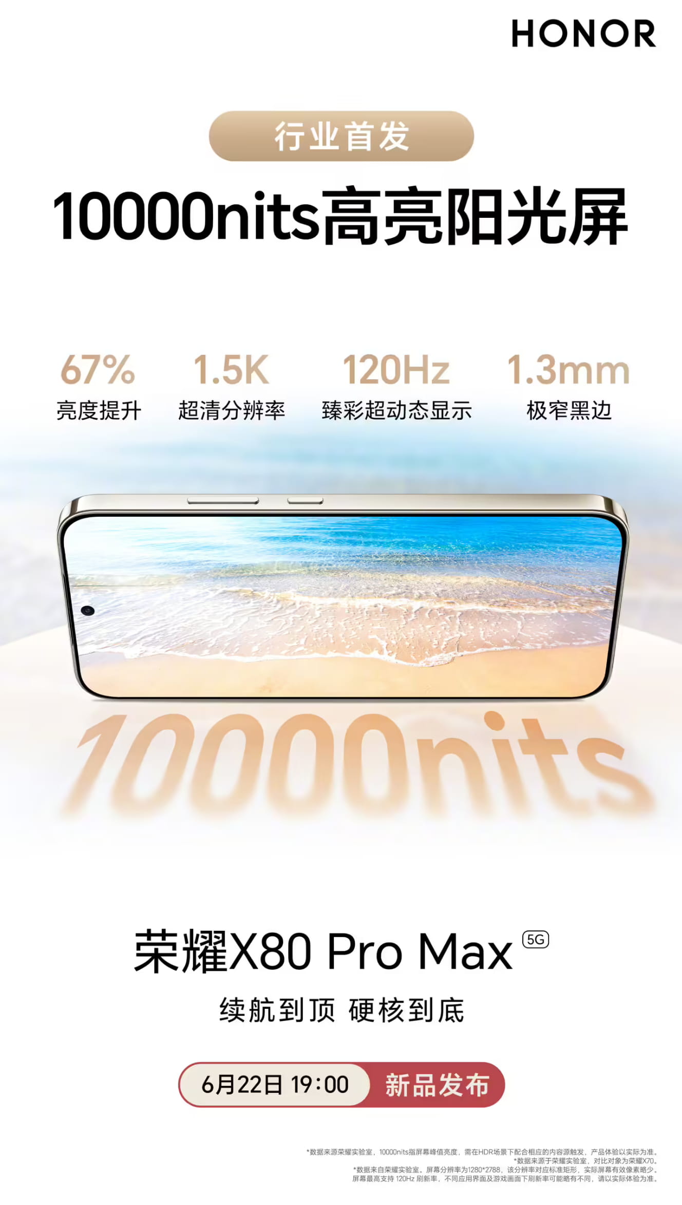 峰值10000nit！荣耀X80 Pro Max官宣行业首发万级高亮屏 6月22日正式发布